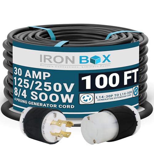 IronBox Electric - Heavy-Duty NEMA L14-30 Generator Extension Cord - L14-30P Plug to L14-30R Connector - Rated for 30 Amps 125/250V 8/4 SOOW 4 Prong Generator Cord -Power Cable for Generators(100 ft)