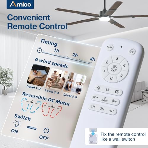 Image of Amico Ceiling Fans with Lights and Remote, 62 Inch Walnut Indoor /Outdoor Ceiling Fan with 6 Speed, Reversible DC Motor, 3CCT, Dimmable, Noiseless modern ceiling fan for Bedroom, Living Room, Patio