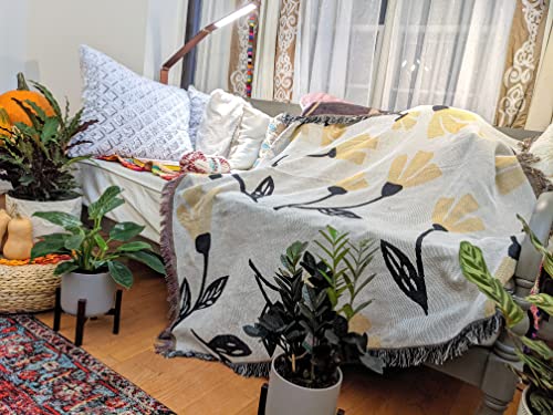 Dada Bedding Yellow Fleur Floral Tapestry Throw Blanket - Botanical Flower Garden Print Ivory Cream W/Fringe Tassels - Decorative Rustic Cottage Woven Needle Stitched Design - 50” X 60” (18112) #TOP2