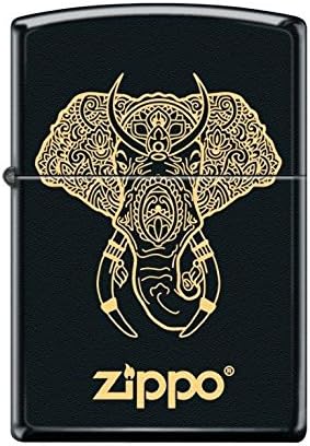 Laser Engraved Elephant with Tusks Design on a Black Matte Zippo Lighter