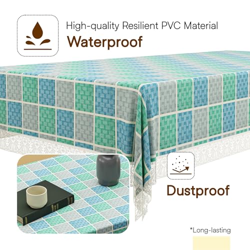 Image of Kuber Industries 40x60 Inch PVC Center Table Cover 4 Seater for Living Room and Home Decor | Waterproof and Anti-Slip Teapoy Cover | Table Protector Sheet | Check - Grey & Blue