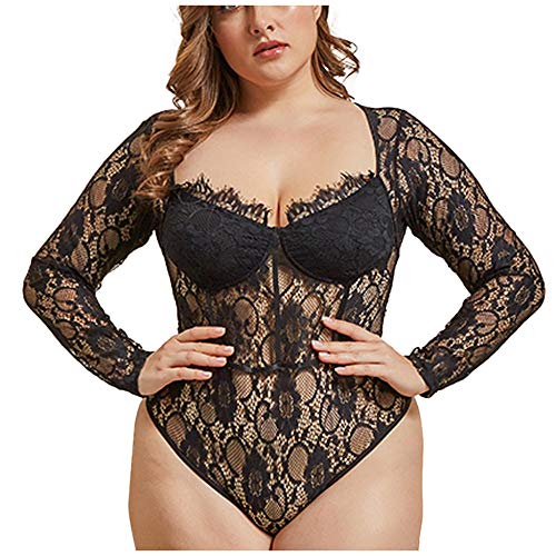 Body transparent sous-vêtements sexy en dentelle à manches longues col en V