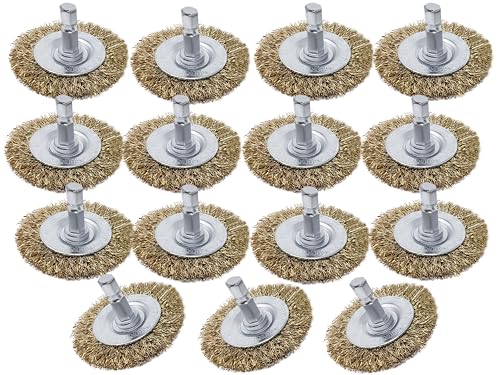 Image of LINE10 Tools 15pk Small Wire Wheel Brush Set for Drill and Impact Driver 2-Inch Round Mini Brass Coated Steel Wire Brushes for Rust Removal Paint Stripping Deburring Metal, 1 /4 inch Hex Shank Attachment