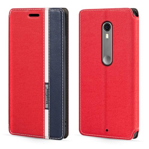 Shantime Classic Stripes Faux Leather Flip Case Compatible with Moto X Pure, Invisible Magnetic Cover with Card Slot, Contrast Color Design(Red)