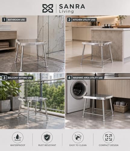 Image of Stainless Steel Waterproof Utility Stool 13x13 Inch | Heavy Duty Steel Bathroom Stool for Bathing Washing Kitchen Balcony Restroom Support | 12 Inch Height