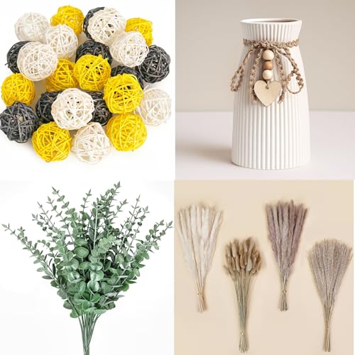 185PCS Boho Decor Bundle: 130 Natural Pampas Grass, 30 Faux Eucalyptus Stems, 24 Wicker Rattan Balls & 1 White Ceramic Vase with Heart Tag - All-in-One Wedding Centerpiece & Home Table Decor Set