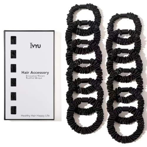 Image of Satin, Silk Hair Ties Black Small Mini Scrunchy for Women Thick Hair Accessories Cute Soft No Slip Hair Elastics Ponytail Holder for Curly Hair No Damage Hairties Gift for Girls