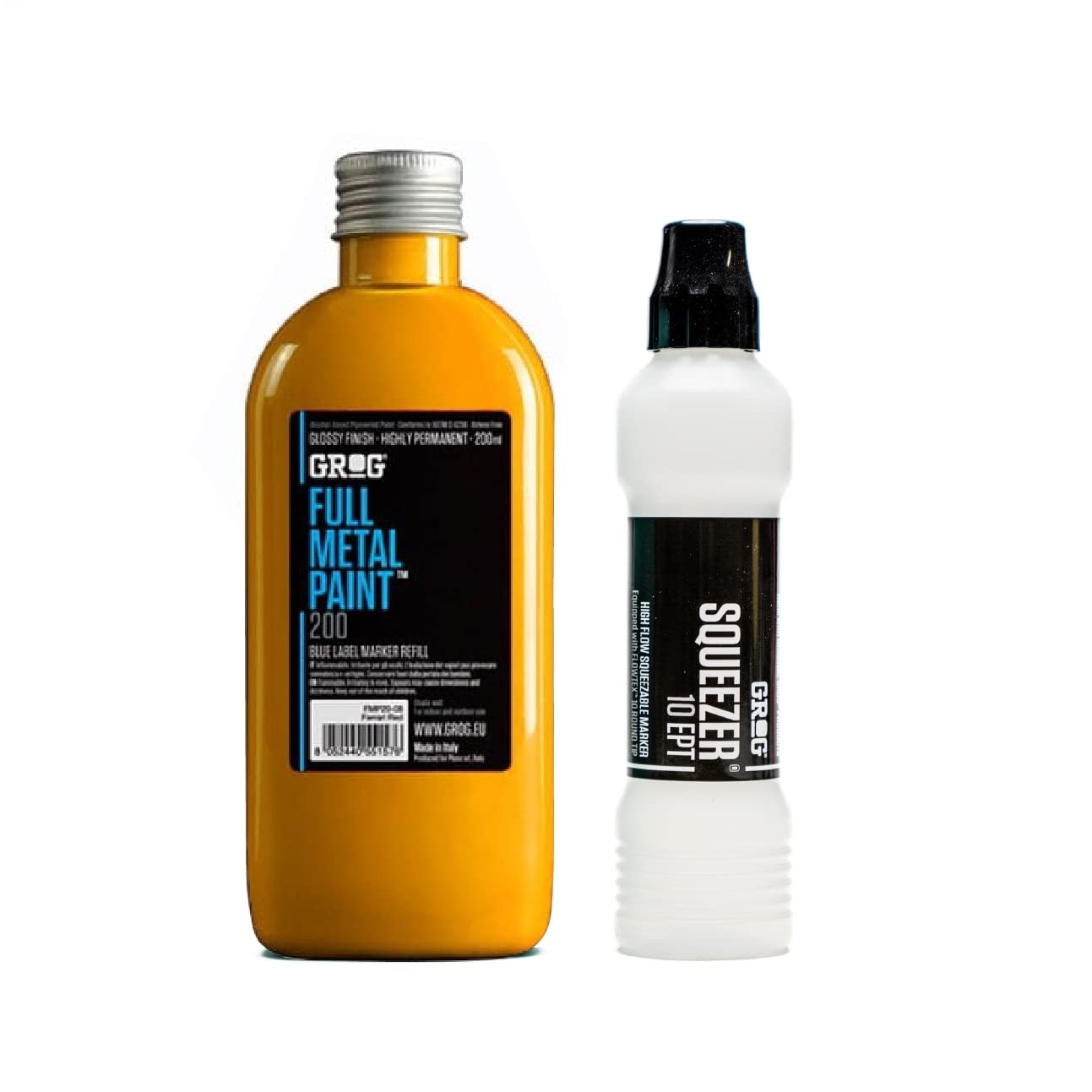 Graff-City Grog Full Metal Paint & Squeezer 10 EPT - 10mm Mop Marker & Gloss Permanent Paint Refill 200ml (Sunray Yellow)