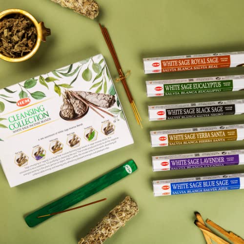 Image of Cleaning Collection 6 White Sage Incense Blends - Yerba Santa, Eucalyptus, Lavender, Blue, Black & Royal Sage Incense Sticks with Holder, Premium Brown Incense Sticks