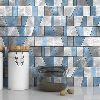 VAOVI Self-Adhesive Splashback for Kitchen,Brick Wall Tiles Stickers Peel and Stick Metal Backsplash Bathroom Tile Blue Gray-5pcs