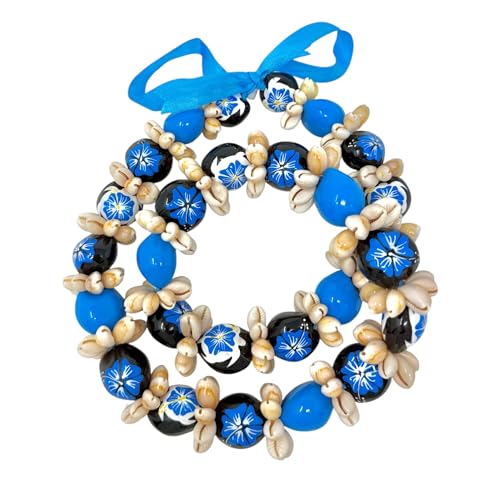 Utama Hawaiian Kukui Nut Lei with Cowrie Shell - Blue, 32 Inches, Adjustable, Unisex, All Ages, Coastal, Casual Events