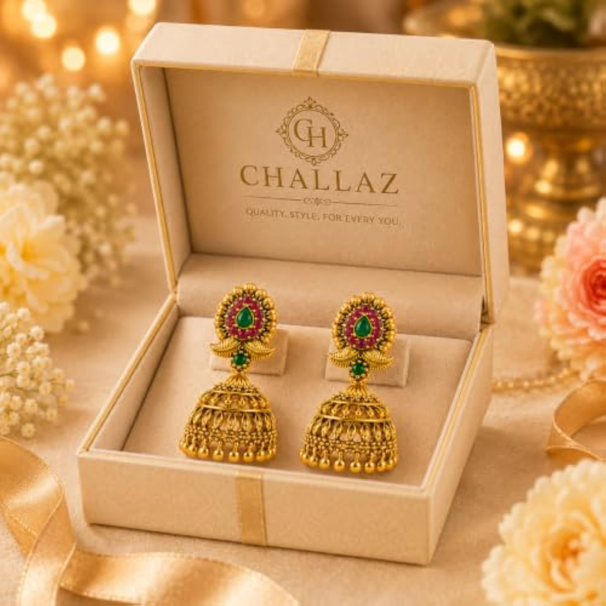 Traditional Gold Tone Jhumka Earrings for Women, Ethnic Style