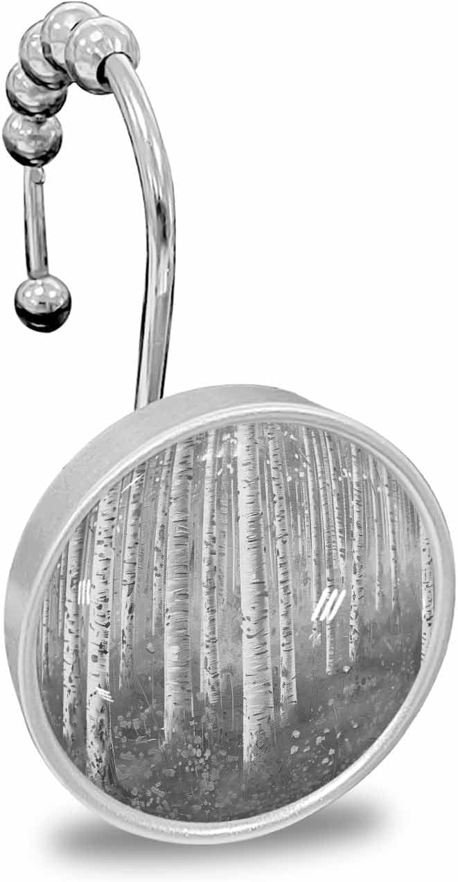 Shower Curtain Hooks 12 Pcs Grey Trees Plants Forest Impressionist Oil Painting Art Stainless Steel Rust Proof Rolling Shower Curtain Rings, Decorative Shower Curtain Hooks Hangers for Bathroom