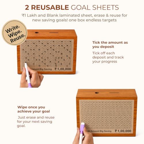 Image of Unbreakable Wooden Money Saving Box for Adults - 1 Lakh Capacity | Reusable Piggy Bank | Money Bank with Amount 100000 | One Lakh Gullak, Kidddy Bank for Kids, Men, Women, Girls, Boys | 1 Yr Warranty