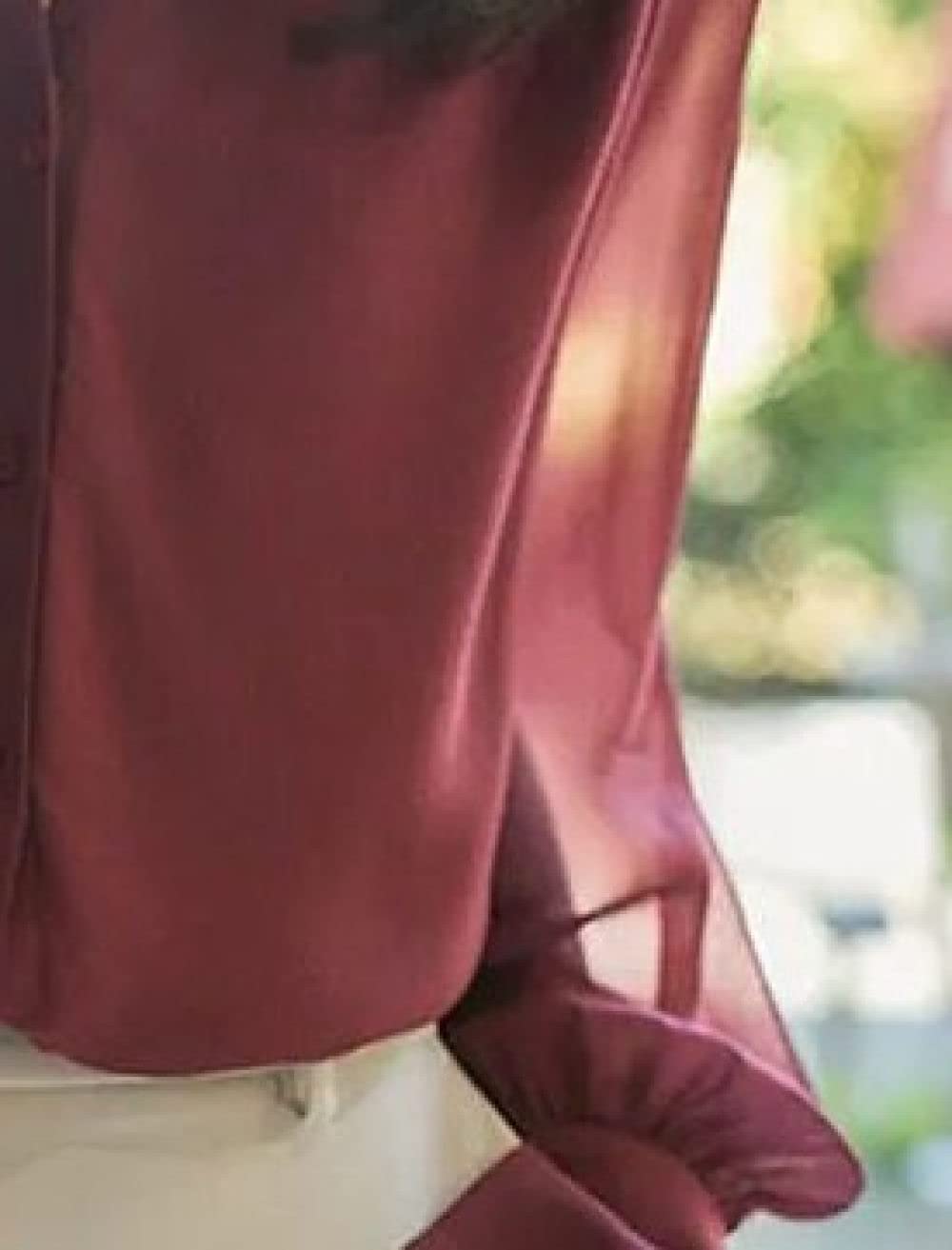 Elegantes Lässiges Langarm-Top,Damen Satin Seide Bluse Shirt Rot V-Ausschnitt Übergroße Puffärmel Langarm Mode Hemden Business Hemd Mit Knopf Sexy Party Tops Lässige Arbeit Bürobluse Für Mädchen Dam