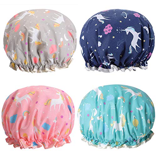 Unicorn Shower Caps, Double Layers Bath Hat for Women and Girl to Cover Long and Thick Hair, Reusable Waterproof Bonnet 4 Pack