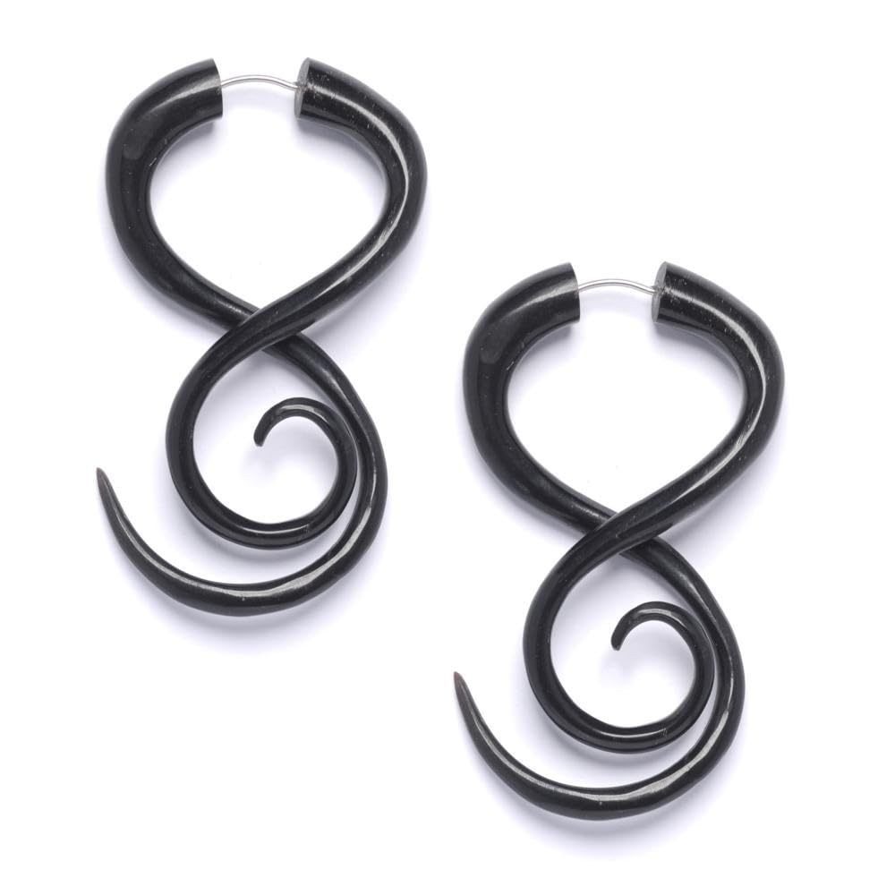 81stgeneration Pendientes Largos Espirales de Cuerno Negro para Mujer | Pendientes Grandes Tribales de Medida Falsa | Dilatadores de oreja falsos con espirales góticas | Dilatadores falsos