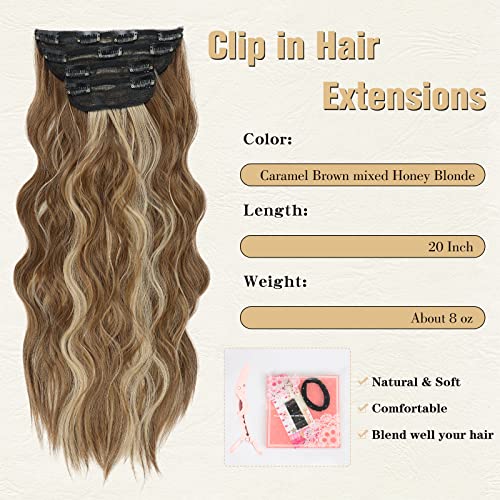 Clip In Hair Extensions, 20 Inch Caramel Brown Mixed Honey Blonde Hair Extensions For Women 4Pcs Long Wavy Hair Extensions Clip Ins Synthetic Fiber Curly Clip In Hair Extensions For Daily Party Use #TOP2