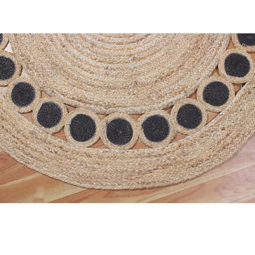 Image of Rounds Jute Carpet - Handwoven Natural Fiber Rug for Living Room, Bedroom, Entryway | Boho Chic Eco-Friendly Area Rug | Rustic Designer Floor Mat:-(Jute Tikki Black, 4x4 feet