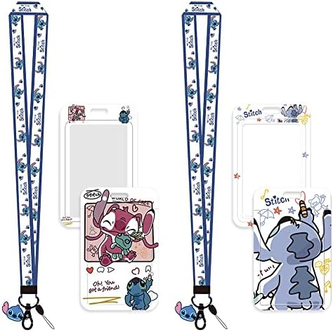 2 pcs Lilo & Stitch Lanyard, Card Holders with Neck Lanyards, Cartoon Lanyard with Keychain, Lilo & Stitch Waterproof with Detachable Card Holders for Kids Office School Supplies, Id Card, Keys