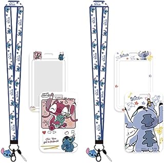 2 pcs Lilo & Stitch Lanyard, Card Holders with Neck Lanyards, Cartoon Lanyard with Keychain, Lilo & Stitch Waterproof with Detachable Card Holders for Kids Office School Supplies, Id Card, Keys