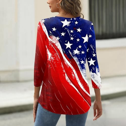 Image of 4th of July Shirts Women 3 /4 Length Sleeve Womens Tops Henley Neck Casual Patriotic T Shirts