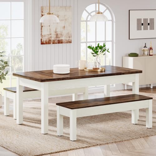 Tribesigns Farmhouse Kitchen Table Set for 4-6, 55-Inch Wooden Dining Table with 2 Benches, Space Saving 3 Pieces Heavy Duty Dinette for Dining Room, Kitchen, Small Space