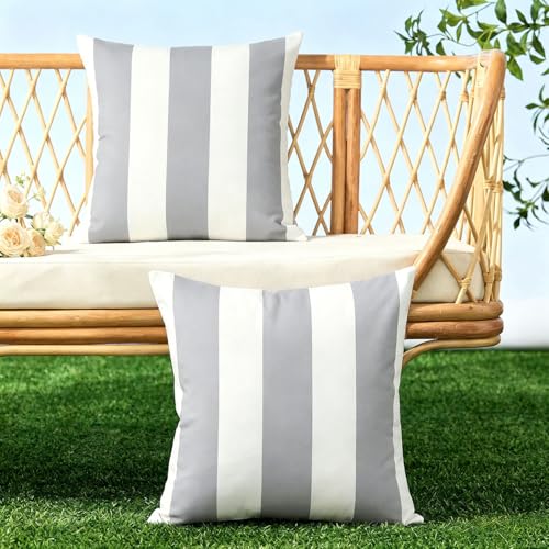 Image of Allorry Outdoor Pillow Covers 18x18 Set of 2 Gray Striped Decoration Throw Pillow Covers for Spring Summer Outdoor Waterproof Garden Patio Furniture Sofa Bed Home Decor JB007-P18