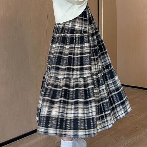 Women's Winter Warm Wool Skirts Plaid High Waist A-Line Drape Pleated Tiered Casual Maxi Skirts with Pockets4