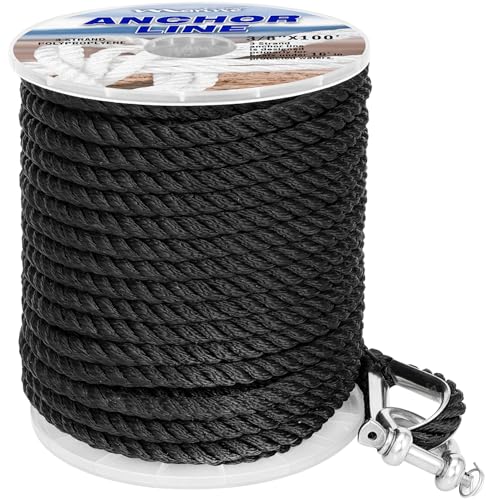 Boat Anchor Line 3 Strand Anchor Rope Black White Grey 3/8 Inch 50FT 100FT 150FT with Stainless Steel Thimble and Shackle for Boat (3/8