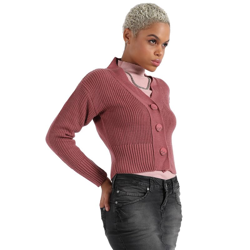 Image of PINACOLADA Women's Solid Ribbed Cropped CardiganFor Casual Wear | V Neck | Long Sleeve | Wool Sweater Crafted with Comfort Fit for Everyday Wear