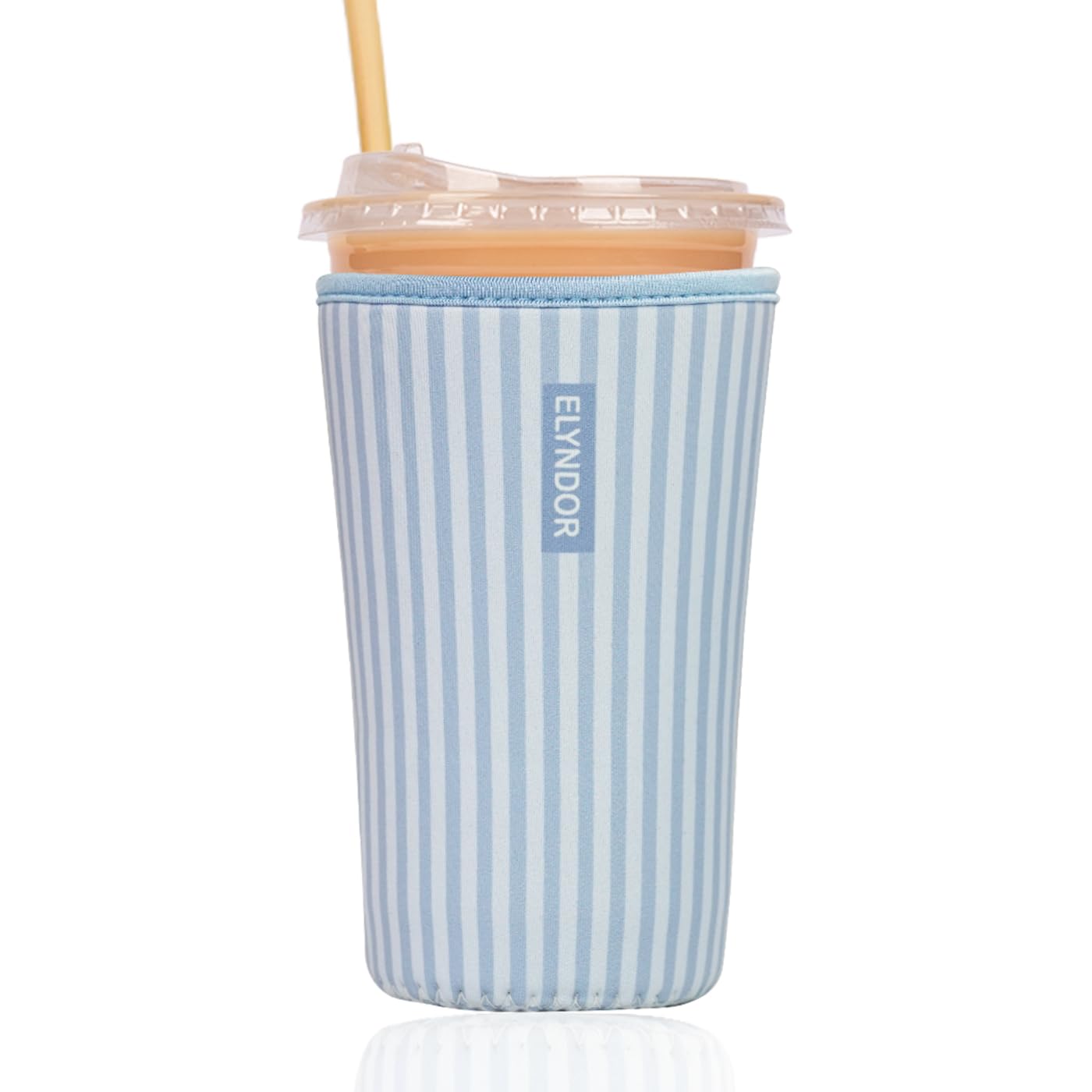 Reusable Insulated Sleeve for Iced Coffee Cup, Coffee Neoprene Sleeve for Cold &amp; Hot Drinks, Beverage Holder for Iced Coffee (Blue Stripes, Large: 32oz)