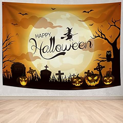 Halloween Tapestry Wall Hanging Witch in Full Moon Tapestry Scary Pumpkin in Graveyard Wall Tapestry Spooky Night Bats and Owl Tapestry for Bedroom Room Dorm Party Decor , 59"x39.3" Cover