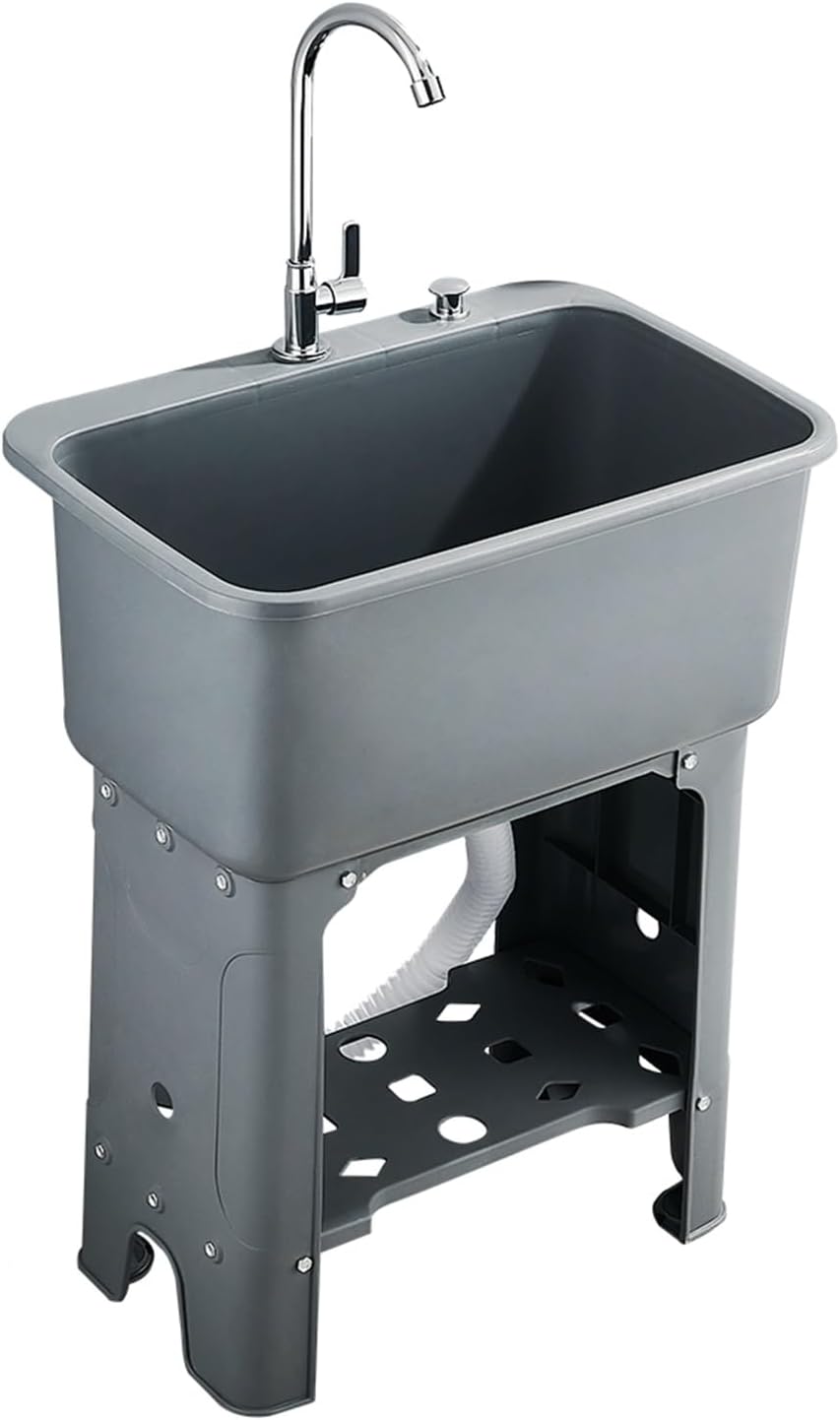 Freestanding Plastic Utility Sinks Laundry Tub outdoor sink Freestanding Plastic Utility Sink With tap Indoor and Outdoor Wash Basin Utility Sink for Restaurants Laundries Stores Utility Rooms(Gray,40
