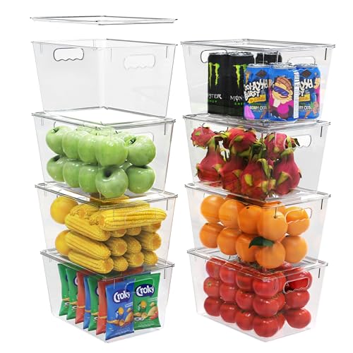 YAN & HIN 8 pcs/set Large Clear Cabinet Storage Bins with Lids - Stackable, Transparent Pantry Storage with Handles, Freezer Plastic Containers (11 
