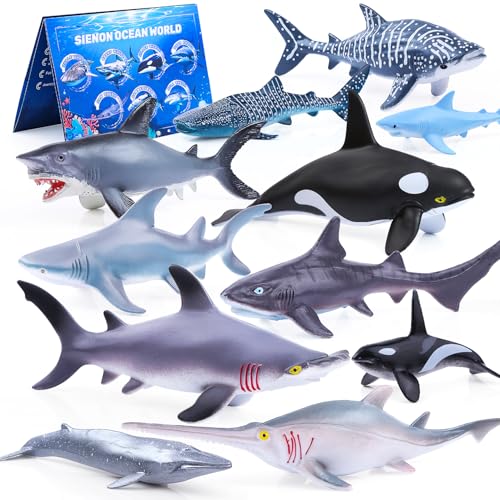 SIENON 11pcs Shark Figures with Booklet, Realistic Sea Creatures Bath Toys Whale Shark Ocean Animal Figurines for Kids Educational Birthday Party...
