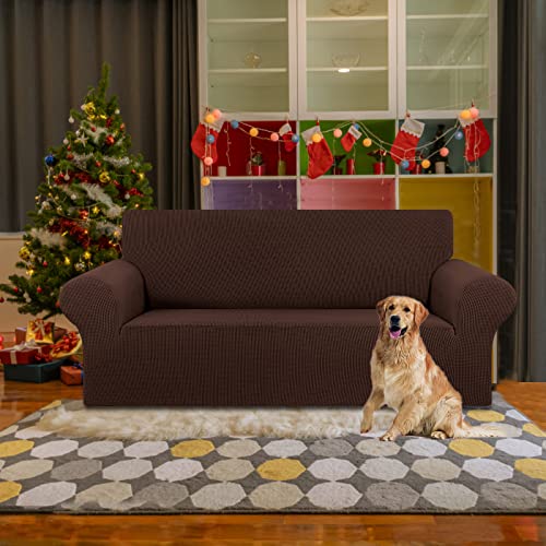 KEKUOU Stretch Loveseat Sofa Cover Slipcover,Couch Covers for 2 Cushion Couch Sofa (55"-78") Furniture Protector Sofa with Elastic Bottom for Kids,Dog. Jacquard Small Checked (Medium,Chocolate)