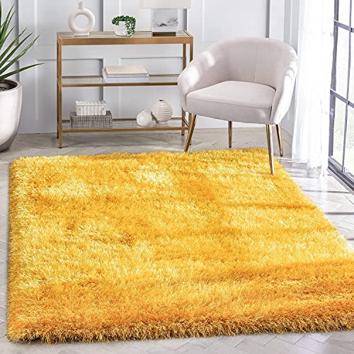 Image of Carpet for Living Room, 4x4 (Square) Feet Yellow Solid Plain Modern Polyster Luster Shaggy Ultra Thick and Pluffy Soft Shag Area Rug for Your Bedroom, Kid Room, Office and Home