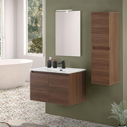 Inbagno Mobile bagno sospeso 80 cm noce canaletto con 2 ante soft-close, lavabo in ceramica e specchio reversibile 60x80 cm, KLEO