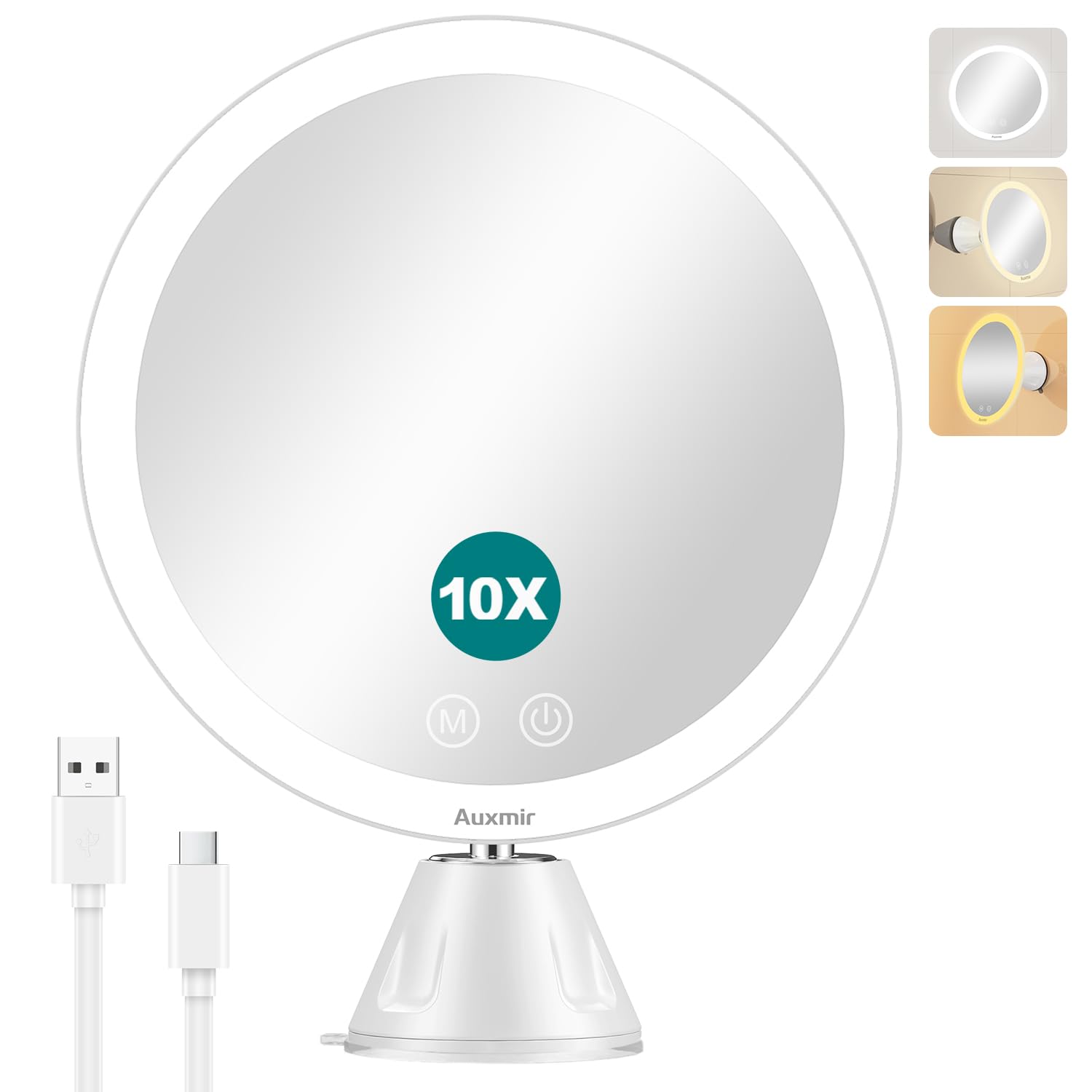 Auxmir Espejo Maquillaje con Luz LED, 10X Espejo Aumento de Baño con Ventosa, 2000 mAh USB Recargable, 360 Rotación, 3 Colores Ajustables, Portátil, para Afeitado Depilación Cejas Viaje, Blanco