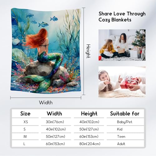 Mermaid Blanket - 60x80 Inches Cute Throw Blanket for Kids - Soft Fuzzy Blankets for Couch & Office