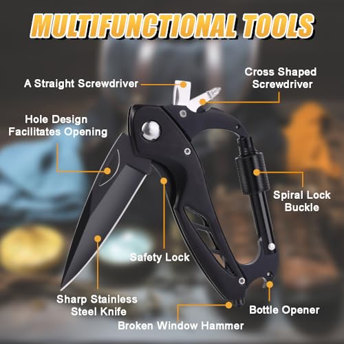 Multitool Carabiner with Pocket Knife, EDC Carabiners Keychain with Folding Knives, Survival Gear for Camping Hiking with a Whistle, Bottle Opener, Window Breaker, Screwdriver, Gifts for Men - Image 4