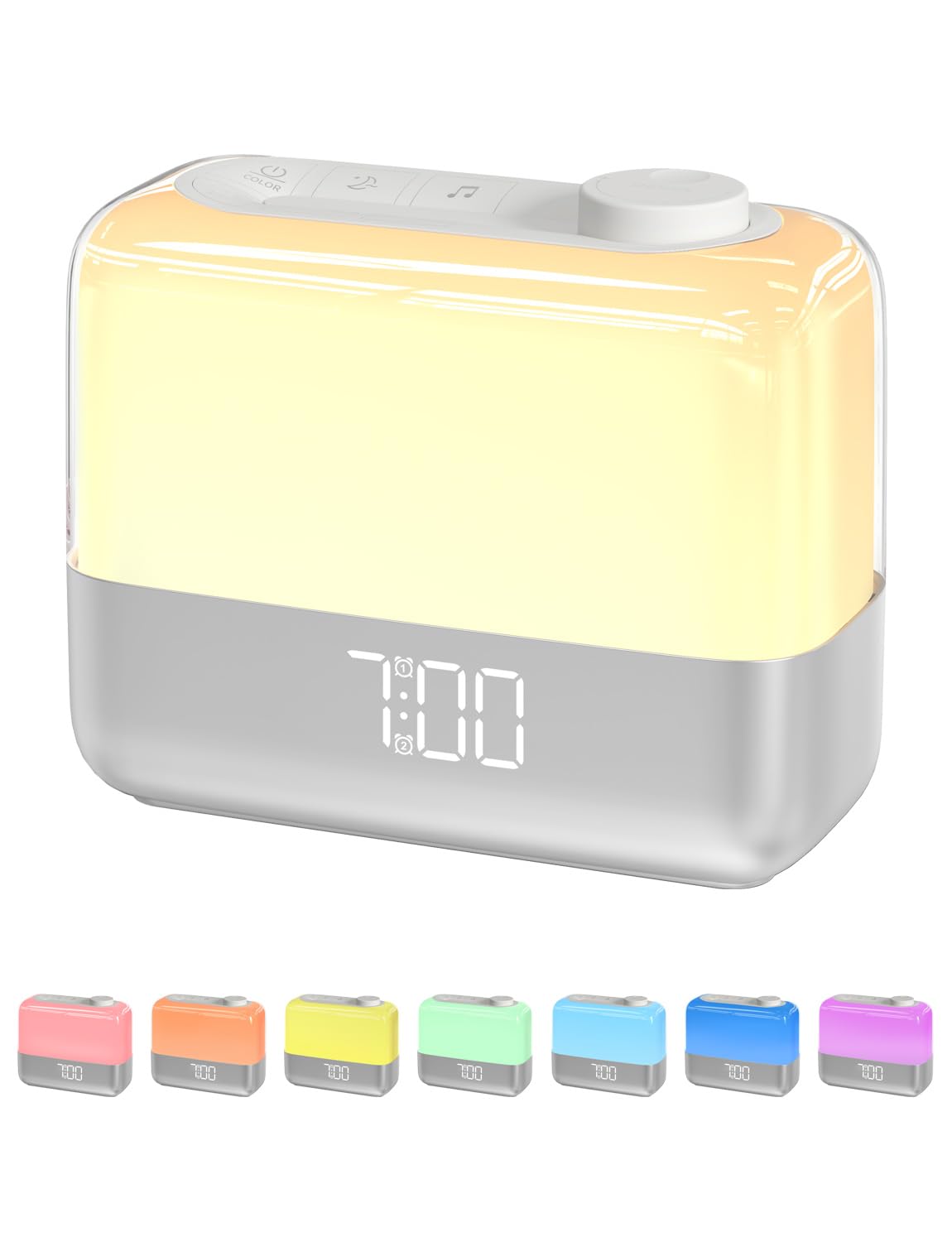 Reloj despertador digital para dormitorio: luz de despertar al amanecer, luz nocturna de 8 colores, alarmas fuertes dobles para dormir pesado, repetición de 9 minutos, 6 sonidos, 7 volúmenes