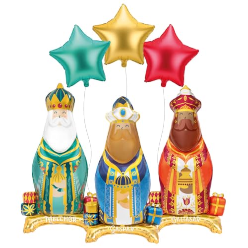 OH YEAH - 3 Globo Navideño Foil Reyes Magos Metalizado - 3 Globo Foil Estrella Metalizada - Apto Helio - Globo fiesta - Decoración Navidad - Reyes Magos - DISEÑO ÚNICO
