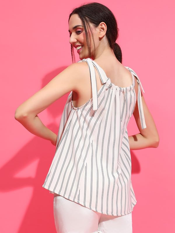 Image of oxolloxo Women Stripe Print Round Neck Shoulder Strap Tie-Knot Detail Sleevless Nightwear Top