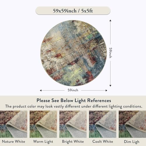 Lahome Modern Abstract Round Rug 5ft - Washable 5x5 Circle Rugs for Bedroom Dining Table Non Slip Non-Shedding, Soft Floor Carpet for Living Room Nursery Dorm Kitchen,Red/Multi