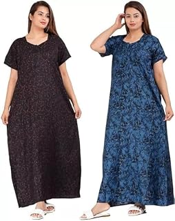 CHICME Women’s Cotton Printed Maxi Nighty – Pack of 2 Soft Breathable Ankle-Length Night Dresses for Women | Free Size Sle... Price In India