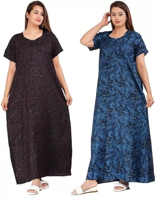 Image of CHICME Women's Cotton Printed Maxi Nighty - Pack of 2 Soft Breathable Ankle-Length Night Dresses for Women | Free Size Sleepwear Gowns | Comfort Loungewear Sleepwear