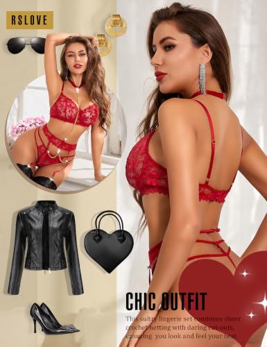 Image of RSLOVE Women's Lingerie Sets with Garter Belt 3 Piece Sexy Lace High Waist Bra and Panty Set Push Up Exotic Sleepwear