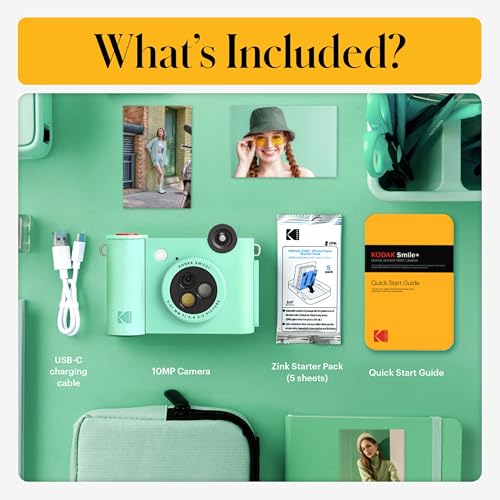 Image of Kodak Smile+ 2-in-1 Digital Instant Print Camera & Photo Printer Gift Bundle + Case + Zink 2x3 Sticky Back Photo Paper 20pk + Album + Sticker Sets + Sticker Frames + Hanging Frames + Markers - Green
